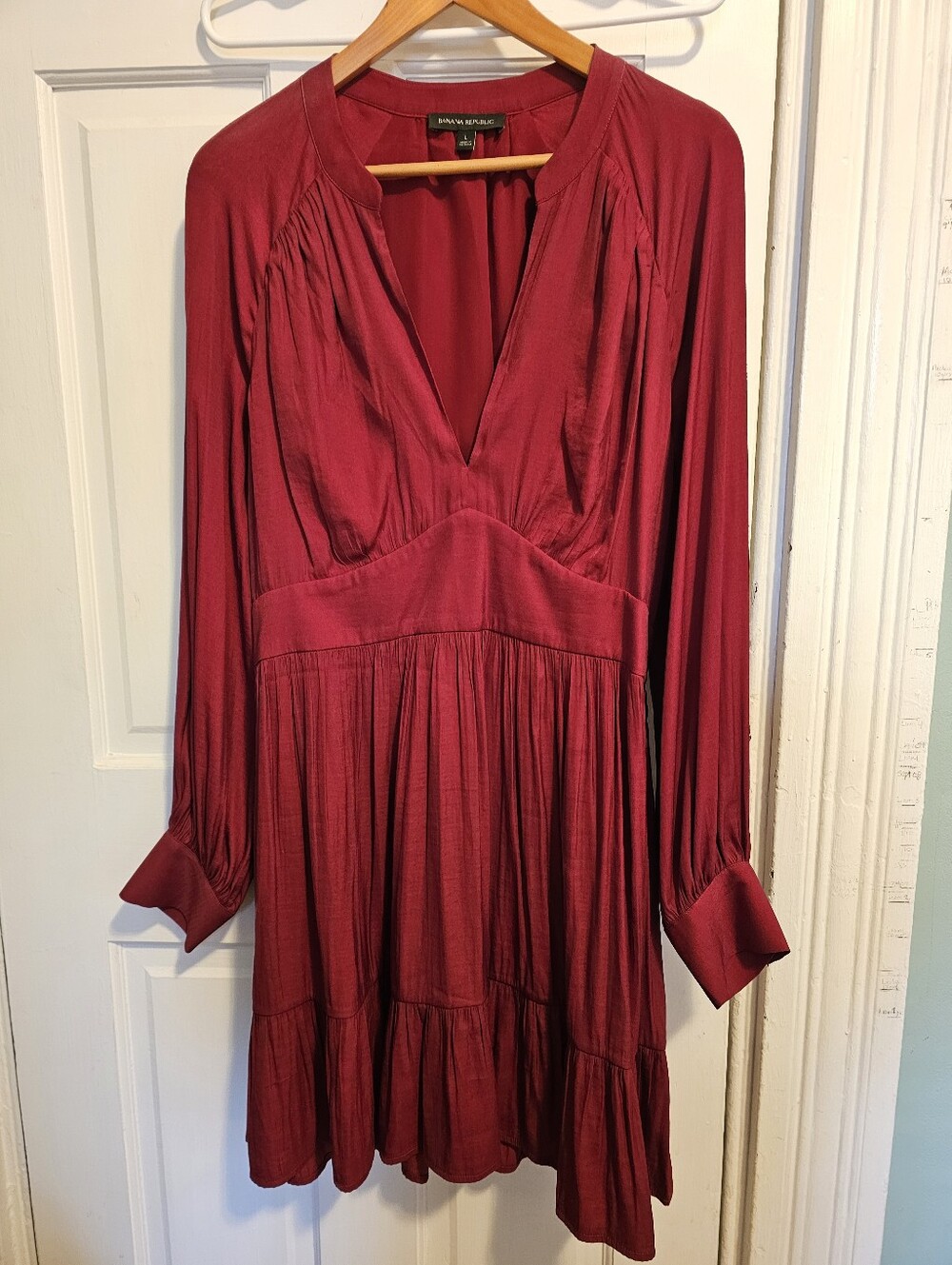 Banana Republic Deep Red Long-Sleeve V-Neck Tiered Dress